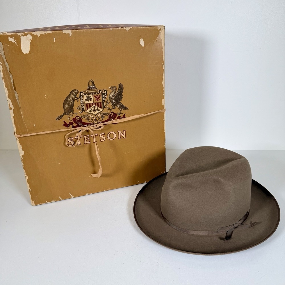 Vtg 1950s Royal Stetson Stratoliner Fedora Hat 7 1/8 Taupe Fur Felt w/Box Rare